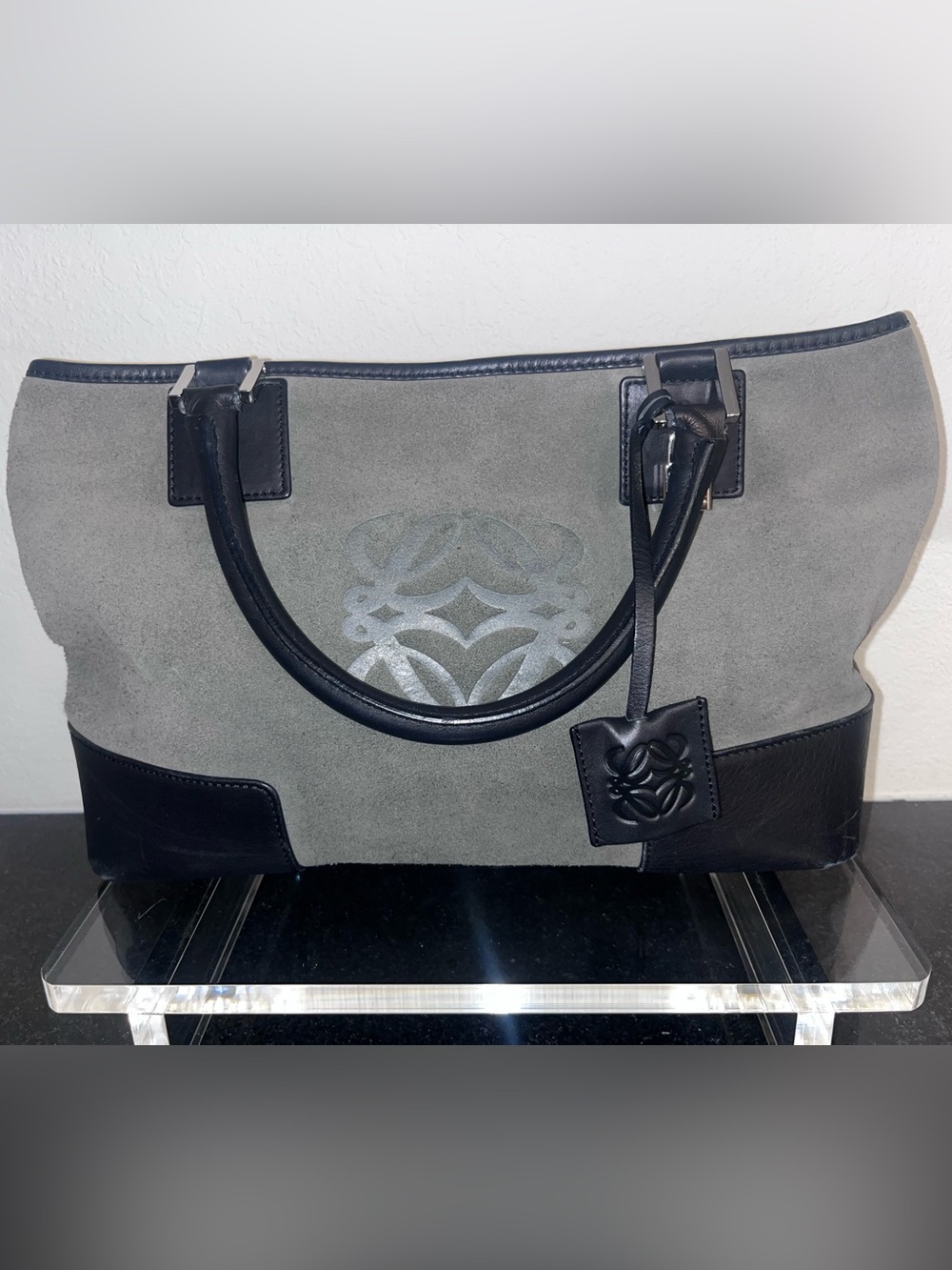 Authentic vintage Loewe Leather-Trim Suede Tote Bag in Gray